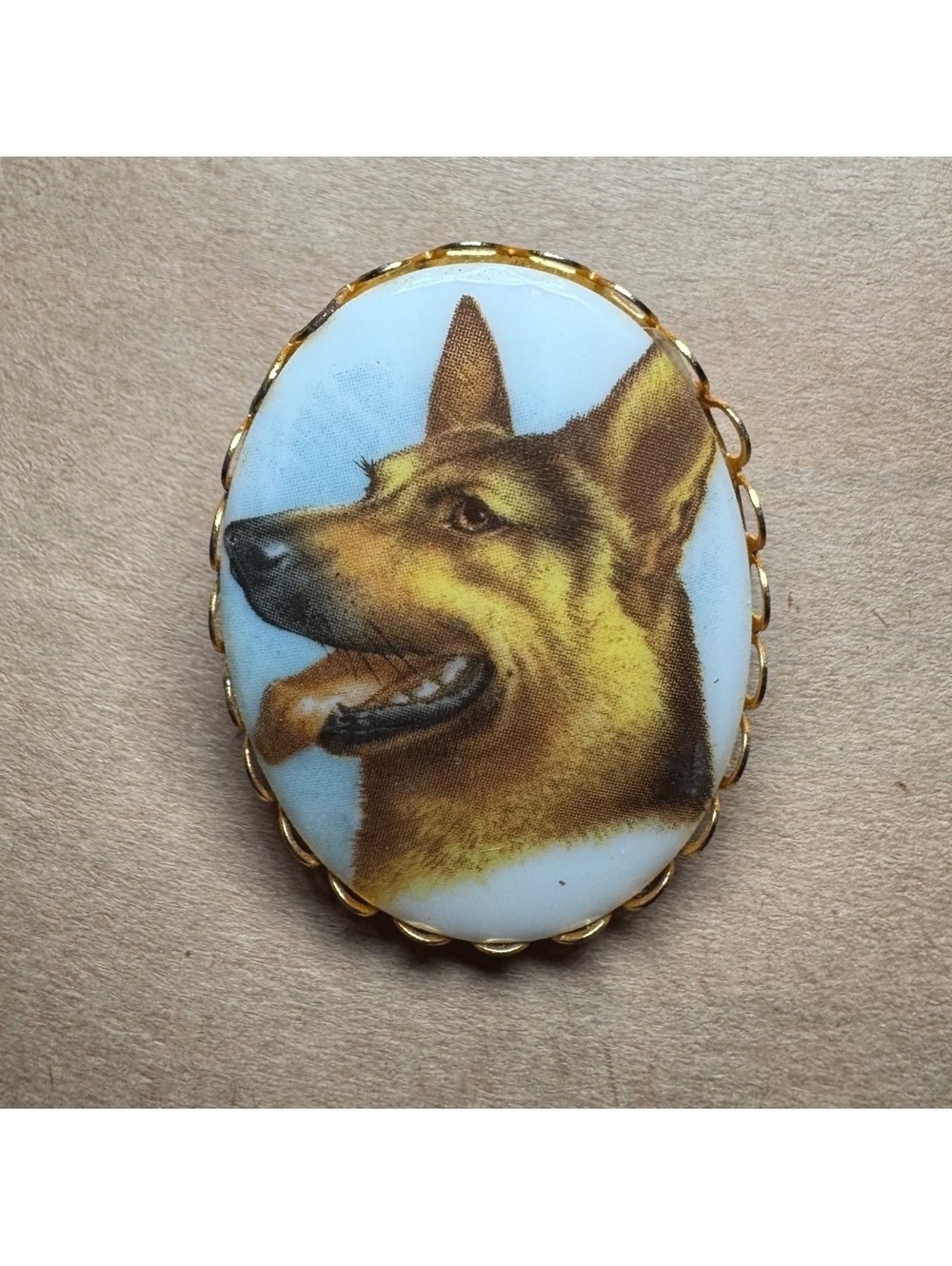 Vintage Porcelain Brooch with German Shepherd Dog Portrait and Gold-Tone Frame